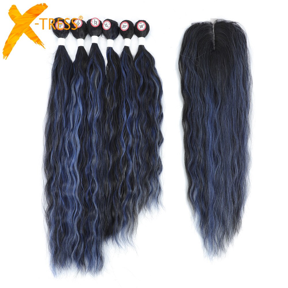 Black Mixed Blue Highlight Colored Synthetic Hair Extensions For Black Women X-TRESS 6 Bundles With Lace Closure Natural Wave